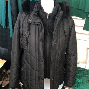 Susan Graver Black Quilted Puffer Coat with Fur Trim